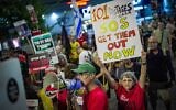 Demonstrators call for the release of Israeli hostages held in the Gaza Strip at a protest outside the Kirya military headquarters in Tel Aviv, October 17, 2024, hours after Israel confirmed the killing of Hamas leader Yahya Sinwar. (Erik Marmor/Flash90)