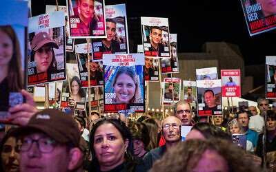Israelis attend a rally calling for the release of the hostages held by Hamas terrorists in Gaza, at Hostages Square in Tel Aviv on October 19, 2024. (Avshalom Sassoni/Flash90)