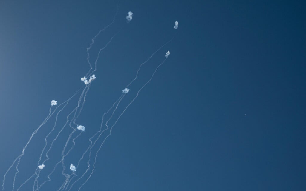 An anti-missile system fires interception missiles at rockets fired from Lebanon, as seen from the Hula Valley, October 20, 2024. (Ayal Margolin/Flash90)