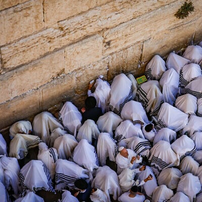 Jewish worshippers pray at the Western Wall, Judaism's holiest prayer site, in Jerusalem's Old City, during the Birkat Kohanim priestly blessing during the Jewish holiday of Sukkot, October 20, 2024. (Chaim Goldberg/Flash90)