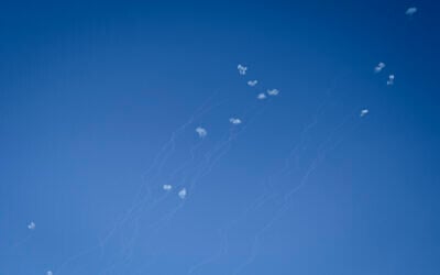 A missile attack from Lebanon intercepted over the northern town of Katzrin, Golan Heights on October 20, 2024. (Michael Giladi/Flash90)