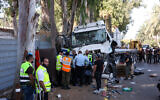 The scene where a of a suspected terror truck ramming attack in Glilot in central Israel, October 27, 2024. (Itai Ron/Flash90)