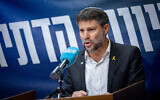 Finance Minister Bezalel Smotrich leads a faction meeting of his Religious Zionism party at the Knesset, in Jerusalem, October 28, 2024. (Yonatan Sindel/Flash90)
