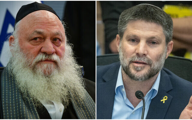 (L) United Torah Judaism leader Housing Minister Yitzhak Goldknopf in Tel Aviv on February 4, 2024. (Avshalom Sassoni/ Flash90) and (R) Finance Minister Bezalel Smotrich in Jerusalem, on June 10, 2024. (Chaim Goldberg/Flash90)