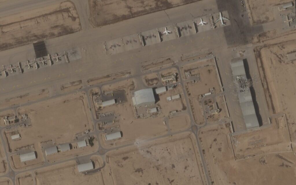 A satellite photo of Israel's Nevatim air base after Iran's missile attack appears to show damage to a hangar roof, October 2, 2024 (Planet Labs PBC via AP) A satellite photo of Israel's Nevatim air base after Iran's missile attack appears to show damage to a hangar roof, October 2, 2024 (Planet Labs PBC via AP)