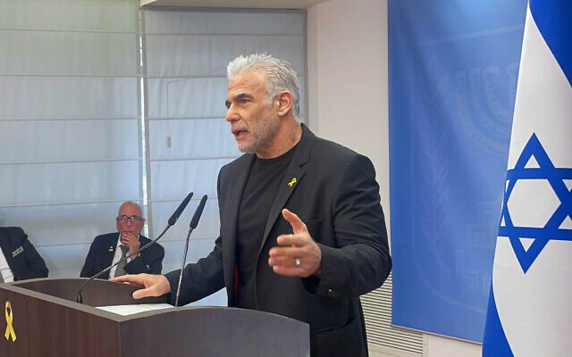 Opposition leader Yair Lapid speaks to reporters in the Knesset in Jerusalem on October 28, 2024 (Sam Sokol/Times of Israel) Opposition leader Yair Lapid speaks to reporters in the Knesset in Jerusalem on October 28, 2024 (Sam Sokol/Times of Israel)