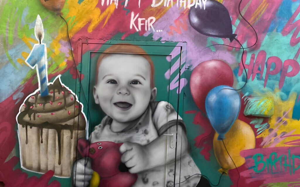 A portrait of baby hostage Kfir Bibas created by graffiti artist Benzi Brofman (Courtesy)
