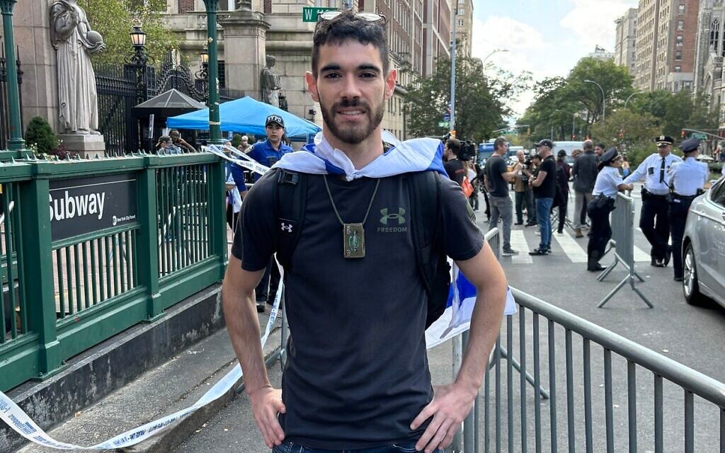 Yeshiva University student Kfir Slominski came to show support for Columbia University students, October 7, 2024. (Cathryn J. Prince)