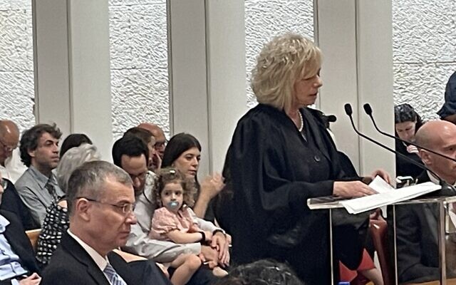 Attorney General Gali Baharav-Miara speaks at the retirement ceremony for outgoing Acting Supreme Court Justice Uzi Vogelman in Jerusalem, October 1, 2024, (Jeremy Sharon/Times of Israel) Attorney General Gali Baharav-Miara speaks at the retirement ceremony for outgoing Acting Supreme Court Justice Uzi Vogelman in Jerusalem, October 1, 2024, (Jeremy Sharon/Times of Israel)