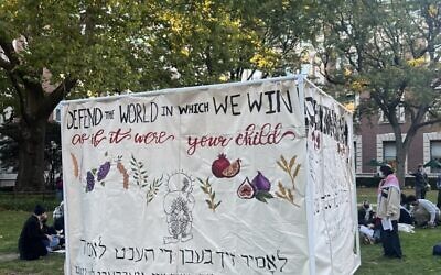 Illustrative image: A sukkah reportedly put up by Jewish Voice for Peace on a US campus that caused a social media storm, October 2024. (Social media/X; used in accordance with Clause 27a of the Copyright Law)