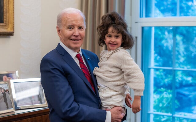 President Joe Biden greets four year old Abigail Mor Edan, who was abducted by Hamas on October 27, 2023 and released on November 26, 2023, in the Oval Office Dining Room, April 24, 2024. (Official White House Photo by Adam Schultz)