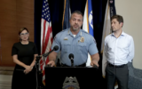 Temple Israel senior rabbi Marcia Zimmerman, left, Minneapolis Police Chief Brian O'Hara, center, and Minneapolis Mayor Jacob Frey comment after terroristic threats are made to Temple Israel synagogue, October 5, 2024. (Screenshot via YouTube, used in accordance with Clause 27a of the Copyright Law)