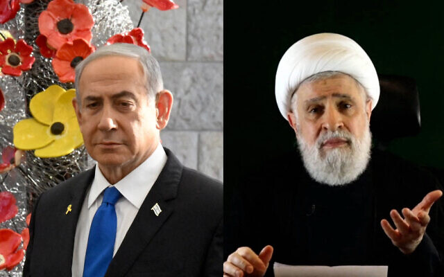 Prime Minister Benjamin Netanyahu at a ceremony for a memorial to those killed in the October 2023 Hamas attacks, at the Knesset, October 28, 2024. (Debbie Hill/Pool/AFP); Hezbollah's deputy chief Naim Qassem delivering a speech from an undisclosed location on October 15, 2024. (AFP photo/HO/Al-Manar)