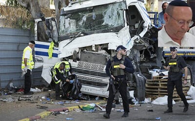 Emergency services at the scene of a suspected truck ramming attack in Glilot, north of Tel Aviv on October 27, 2024 (AP Photo/Oded Balilty); inset: Bezalel Carmi, 72, from Rishon Lezion, who was killed in the attack. (Courtesy)