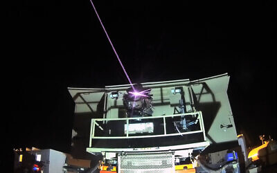 The 'Iron Beam' laser-based air defense system is seen intercepting a target over southern Israel, March 2022. (Defense Ministry)