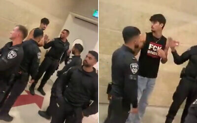 Police remove a young fan, wearing a T-shirt with a slogan against National Security Minister Itamar Ben Gvir, from a basketball game in Jerusalem, October 13, 2024. (Screenshot, used in accordance with Clause 27a of the Copyright Law)