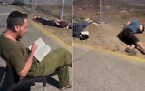 An Israeli reservist reads Talmud to Palestinian detainees in the West Bank, in a video posted online on October 6, 2024. (X screenshot: used in accordance with Clause 27a of the Copyright Law)