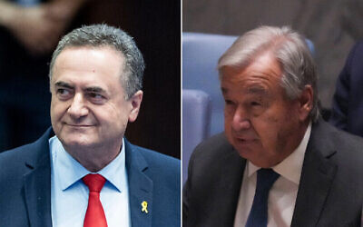 Foreign Minister Israel Katz (left) attends a vote at the Knesset in Jerusalem, September 30, 2024. (Yonatan Sindel/Flash90); UN Secretary General Antonio Guterres speaks at the UN Security Council meeting at the UN in New York, September 27, 2024. (Bryan R. Smith/AFP)