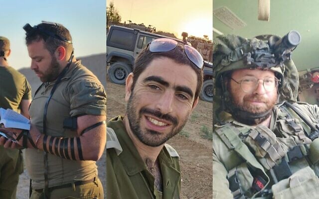 This composite photo shows from left to right Master Sgt. (res.) Ori Moshe Borenstein, Maj. (res.) Netanel Hershkovitz and Master Sgt. (res.) Tzvi Matityahu Marantz, who the IDF announced on October 10, 2024, had been killed fighting Hamas in northern Gaza. (Israel Defense Forces) This composite photo shows from left to right Master Sgt. (res.) Ori Moshe Borenstein, Maj. (res.) Netanel Hershkovitz and Master Sgt. (res.) Tzvi Matityahu Marantz, who the IDF announced on October 10, 2024, had been killed fighting Hamas in northern Gaza. (Israel Defense Forces)