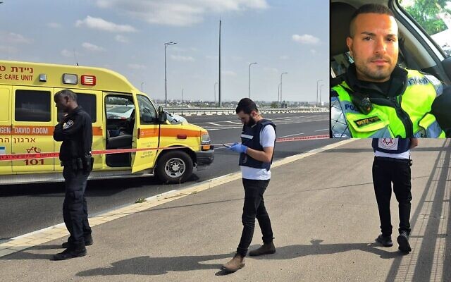 Medics and police at the scene of a terror attack near Ashdod in which First Sgt. Adir Kadosh (inset) was killed, October 15, 2024. (MDA; Israel Police)