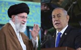 Iran's Supreme Leader Ayatollah Ali Khamenei (L) waves to the crowd in a meeting in Tehran, Iran, October 27, 2024. (Office of the Iranian Supreme Leader via AP); Prime Minister Benjamin Netanyahu speaks during a ceremony marking the Hebrew calendar anniversary of the Hamas attack on October 7, 2023, in Jerusalem, October 27, 2024. (Gil Cohen-Magen/Pool Photo via AP)