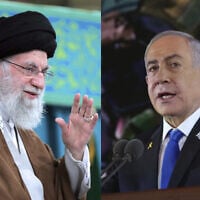 Iran's Supreme Leader Ayatollah Ali Khamenei (L) waves to the crowd in a meeting in Tehran, Iran, October 27, 2024. (Office of the Iranian Supreme Leader via AP); Prime Minister Benjamin Netanyahu speaks during a ceremony marking the Hebrew calendar anniversary of the Hamas attack on October 7, 2023, in Jerusalem, October 27, 2024. (Gil Cohen-Magen/Pool Photo via AP)