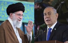 Iran's Supreme Leader Ayatollah Ali Khamenei (L) waves to the crowd in a meeting in Tehran, Iran, October 27, 2024. (Office of the Iranian Supreme Leader via AP); Prime Minister Benjamin Netanyahu speaks during a ceremony marking the Hebrew calendar anniversary of the Hamas attack on October 7, 2023, in Jerusalem, October 27, 2024. (Gil Cohen-Magen/Pool Photo via AP)