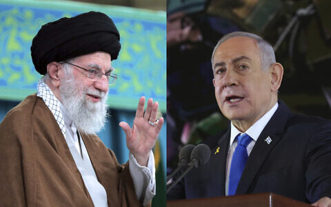 Iran's Supreme Leader Ayatollah Ali Khamenei (L) waves to the crowd in a meeting in Tehran, Iran, October 27, 2024. (Office of the Iranian Supreme Leader via AP); Prime Minister Benjamin Netanyahu speaks during a ceremony marking the Hebrew calendar anniversary of the Hamas attack on October 7, 2023, in Jerusalem, October 27, 2024. (Gil Cohen-Magen/Pool Photo via AP)