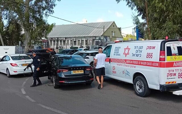 The scene of a stabbing incident in Hadera, October 9, 2024. (Magen David Adom) The scene of a stabbing incident in Hadera, October 9, 2024. (Magen David Adom)