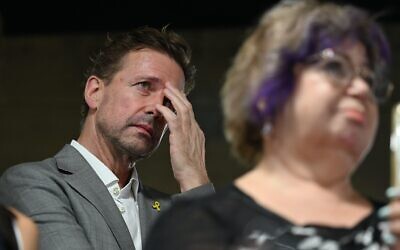 Steffen Seibert, German ambassador to Israel, speaks at an event in Tel Aviv marking one year since the October 7 Hamas terror onslaught, October 13, 2024. (Paulina Patimer / Hostages Families Forum)