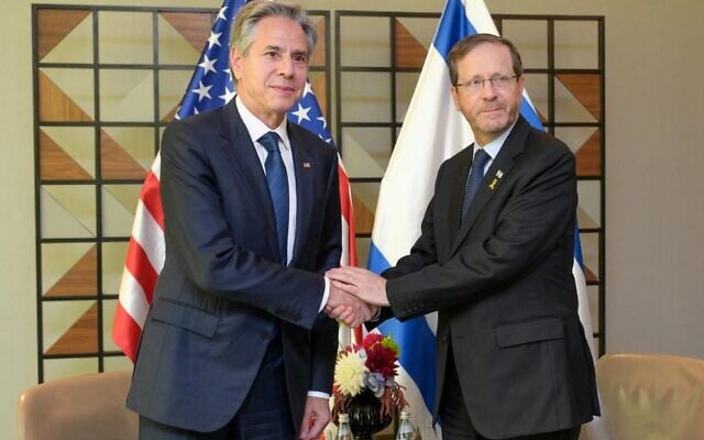 US Secretary of State Antony Blinken meets with President Isaac Herzog in Tel Aviv on October 22, 2024. (Maayan Toaf/GPO)
