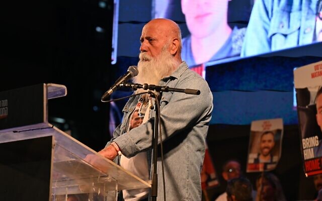 Dani Miran, father of hostage Omri Miran, speaks at a rally for a deal to free captives held by Hamas in Gaza, at Hostages Square in Tel Aviv, October 26, 2024. (Hostage and Missing Families Forum) Dani Miran, father of hostage Omri Miran, speaks at a rally for a deal to free captives held by Hamas in Gaza, at Hostages Square in Tel Aviv, October 26, 2024. (Hostage and Missing Families Forum)