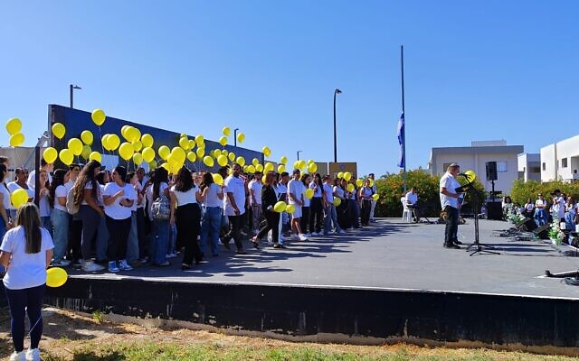 A ceremony marking the October 7 massacres at Ort Ben Gurion high school in Afula, on October 27, 2024. (Gavriel Fiske/Times of Israel)
