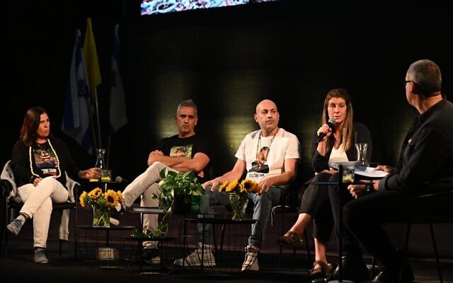 Bereaved family members Yael Adar (far left), Michel Illouz, Roy Baruch, Bar Godard and moderator Ben Shani speak at Tel Aviv's Hostages Square on October 27, 2024 (Courtesy Hostages and Missing Families Forum) Bereaved family members Yael Adar (far left), Michel Illouz, Roy Baruch, Bar Godard and moderator Ben Shani speak at Tel Aviv's Hostages Square on October 27, 2024 (Courtesy Hostages and Missing Families Forum)