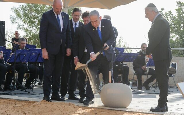 Prime Minister Benjamin Netanyahu takes part in a cornerstone laying ceremony for a Knesset memorial for the victims of October 7, on October 28, 2024. (Maayan Toaf/GPO)