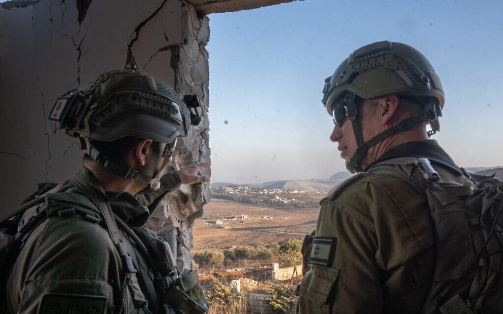 The chief of the IDF Northern Command, Maj. Gen. Ori Gordin (right) and the commander of the Golani Brigade, Col. Adi Gonen are seen in southern Lebanon on October 4, 2024, in a handout photo issued by the military a day later. (Israel Defense Forces)