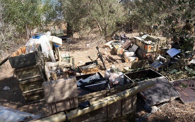 Hezbollah weapons found by IDF troops in southern Lebanon, in an image released by the military on October 25, 2024. (Israel Defense Forces)