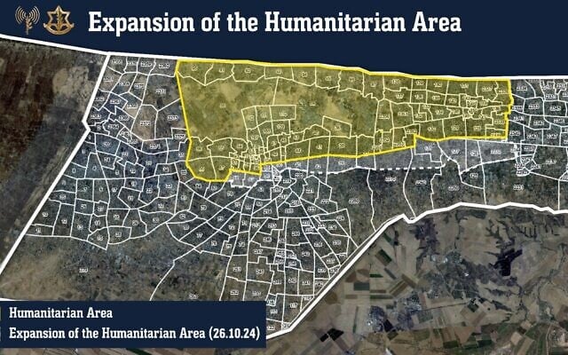This map released by the IDF on October 26, 2024, shows an adjustment to the Israeli-designated humanitarian zone in the Gaza Strip. (Israel Defense Forces)