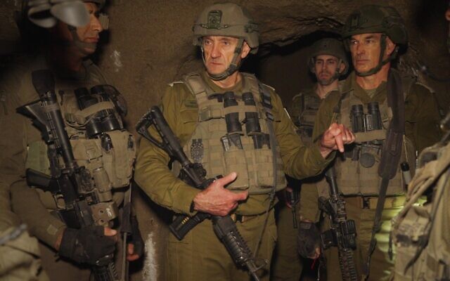 IDF Chief of Staff Lt. Gen. Herzi Halevi (center) is seen in a Hezbollah tunnel system in a village in southern Lebanon, in a handout photo published on October 28, 2024. (Israel Defense Forces) IDF Chief of Staff Lt. Gen. Herzi Halevi (center) is seen in a Hezbollah tunnel system in a village in southern Lebanon, in a handout photo published on October 28, 2024. (Israel Defense Forces)