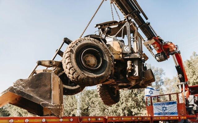 A tractor used by Hamas terrorists during their October 7, 2023 onslaught in southern Israel prepared for display to foreign journalists and others on the first anniversary of the attack. (IDF Spokesperson's Unit)