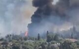 A fire in Kochav Yair, central Israel, on October 24, 2024. (Video screenshot; used in accordance with Clause 27a of the Copyright Law)