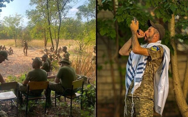 Ukrainian soldiers learn about Rosh Hashanah in the field (left) while Аriel Chernetskiy blows the shofar in uniform, September 2024. (Courtesy: Federation of Jewish Communities of Ukraine via JTA) Ukrainian soldiers learn about Rosh Hashanah in the field (left) while Аriel Chernetskiy blows the shofar in uniform, September 2024. (Courtesy: Federation of Jewish Communities of Ukraine via JTA)