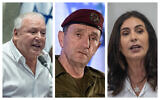 L-R: Regional Cooperation Minister David Amsalem (Yonatan Sindel/Flash90), IDF Chief of Staff Herzi Halevi (Tomer Neuberg/Flash90), Transportation Minister Miri Regev (Chaim Goldberg/Flash90)