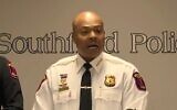 Southfield, Michigan, chief of police Elvin Barren announces charges against a suspect in the armed robbery of the home of a University of Michigan rabbi, Oct. 7, 2024. (Screenshot via JTA)