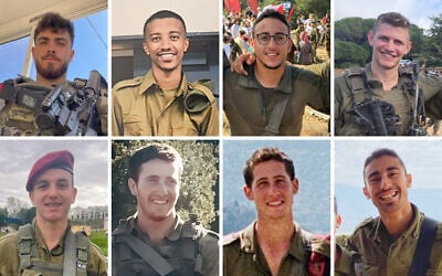 IDF soldiers killed during fighting against Hezbollah in southern Lebanon on October 2, 2024: (L-R) Top: Staff Sgt. Ido Broyer, Staff Sgt. Almken Terefe, Sgt. First Class Or Mantzur, Cpt. Eitan Itzhak Oster; Bottom: Sgt. First Class Nazar Itkin, Cpt. Harel Etinger, Sgt. First Class Noam Barzilay, Cpt. Itai Ariel Giat. (Israel Defense Forces)