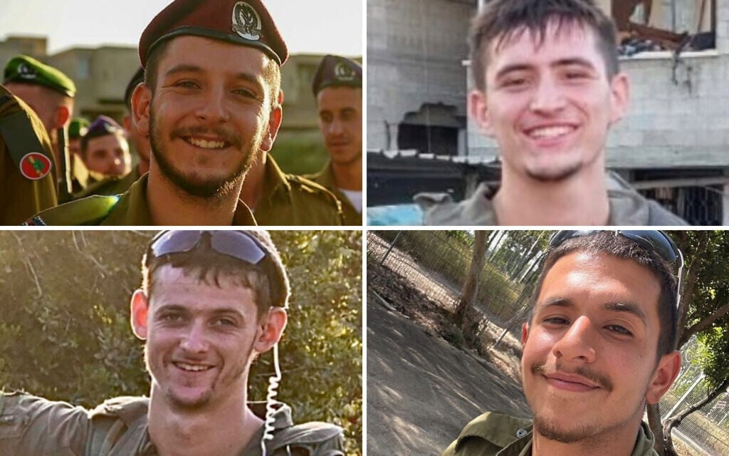 Soldiers killed in the northern Gaza Strip on October 29, 2024: Top (L-R) Cpt. Yehonatan Joni Keren, Staff Sgt. Nisim Meytal; bottom (L-R): Staff Sgt. Aviv Gilboa, Staff Sgt. Naor Haimov. (Courtesy)