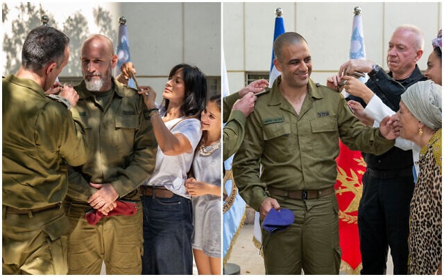 Dan Goldfus (left) and Dado Bar Kalifa are promoted to the rank of major general during a ceremony today at the IDF HQ in Tel Aviv, October 8, 2024. (Israel Defense Forces)