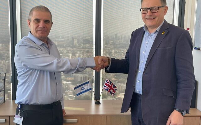 Government hostage pointman Gal Hirsch, left, meets his British counterpart Sir Charles Hay in Tel Aviv, October 14, 2024, in a handout image provided by the Prime Minister's Office. (Courtesy) Government hostage pointman Gal Hirsch, left, meets his British counterpart Sir Charles Hay in Tel Aviv, October 14, 2024, in a handout image provided by the Prime Minister's Office. (Courtesy)