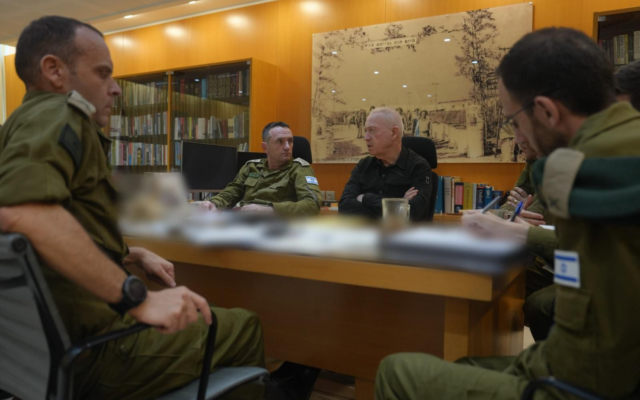 Defense Minister Yoav Gallant and IDF Chief of Staff Lt. Gen. Herzi Halevi meet with senior IDF officers on October 1, 2024. (Elad Malka) Defense Minister Yoav Gallant and IDF Chief of Staff Lt. Gen. Herzi Halevi meet with senior IDF officers on October 1, 2024. (Elad Malka)