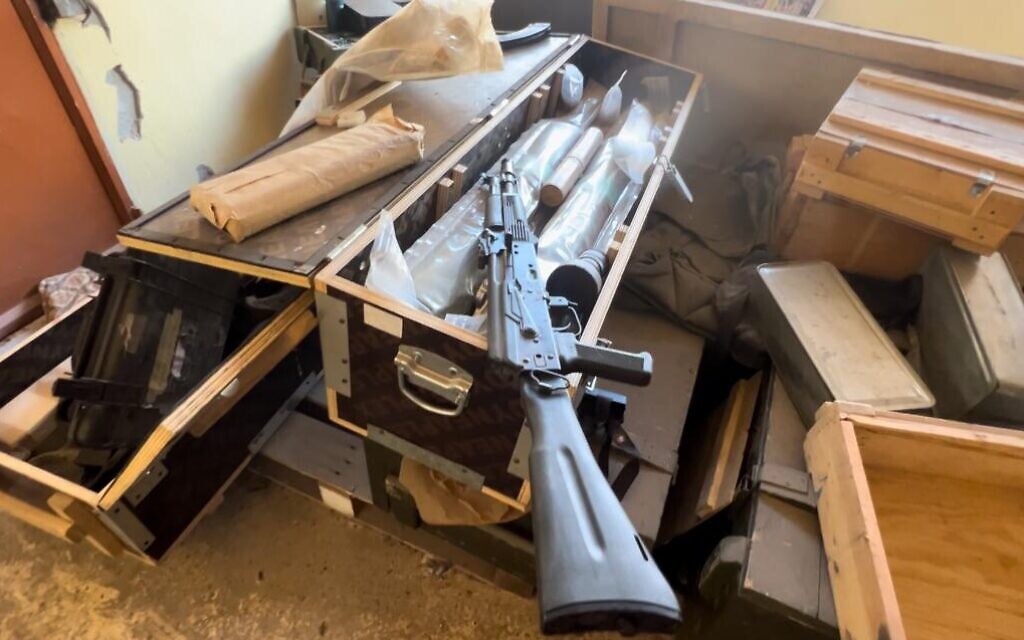 A Hezbollah weapons cache uncovered by IDF troops in southern Lebanon, October 10, 2024. (Lazar Berman/Times of Israel)